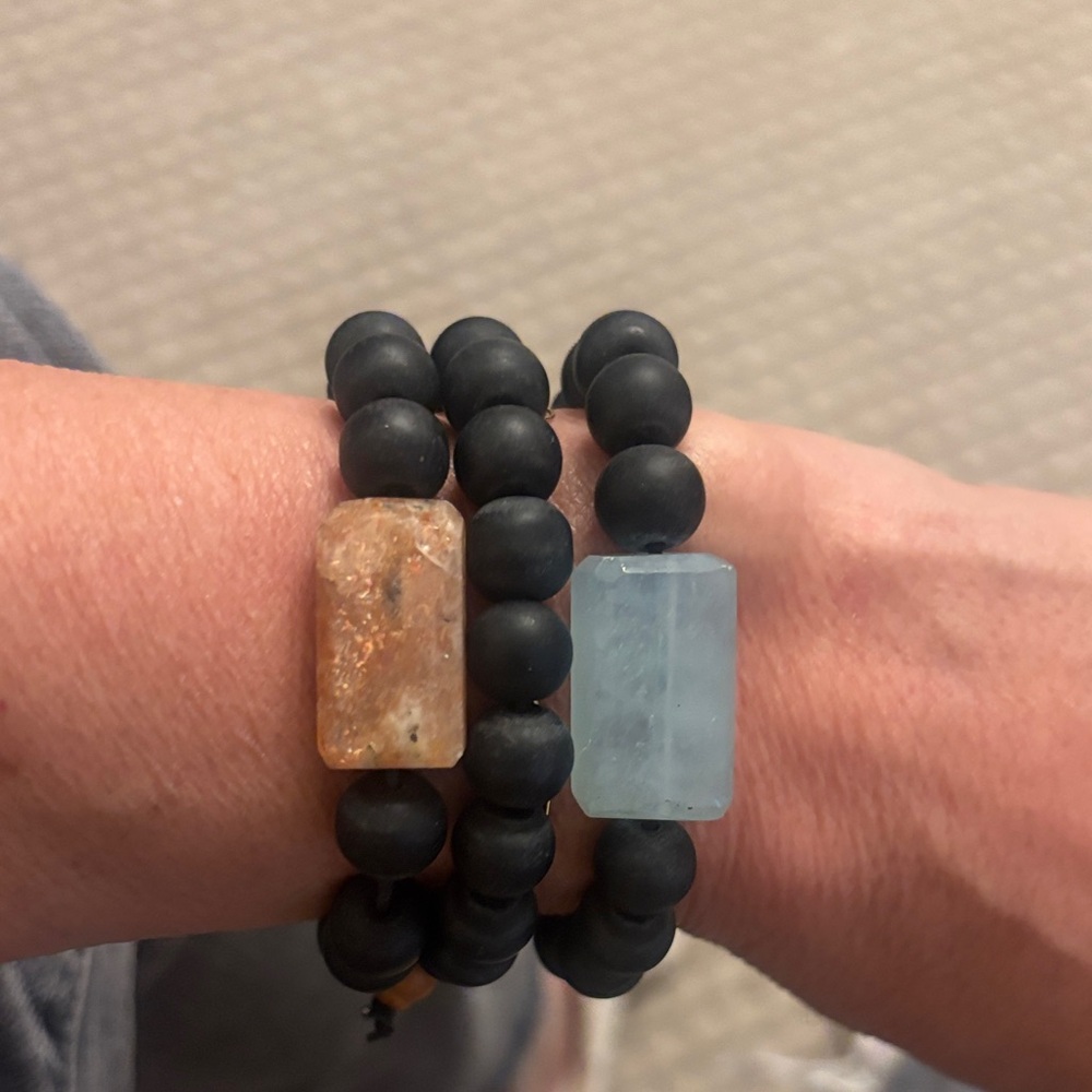 Source Unknown Black Bracelet Set with Blue and Brown Stones